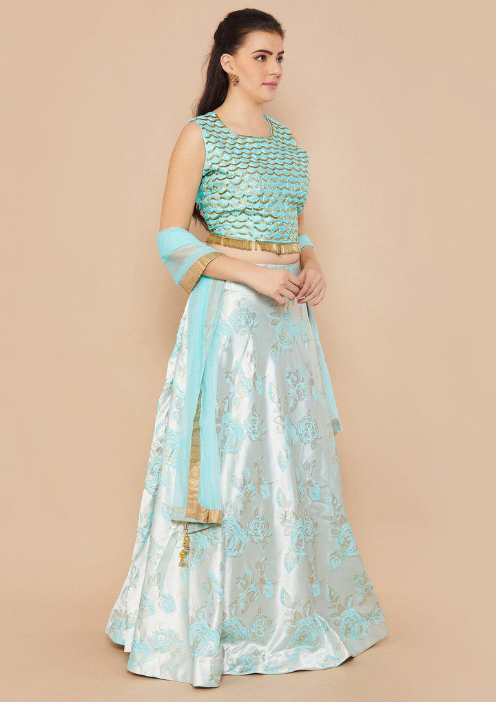 Ice Blue Cutdana Raw-silk Designer Lehenga-Koskii