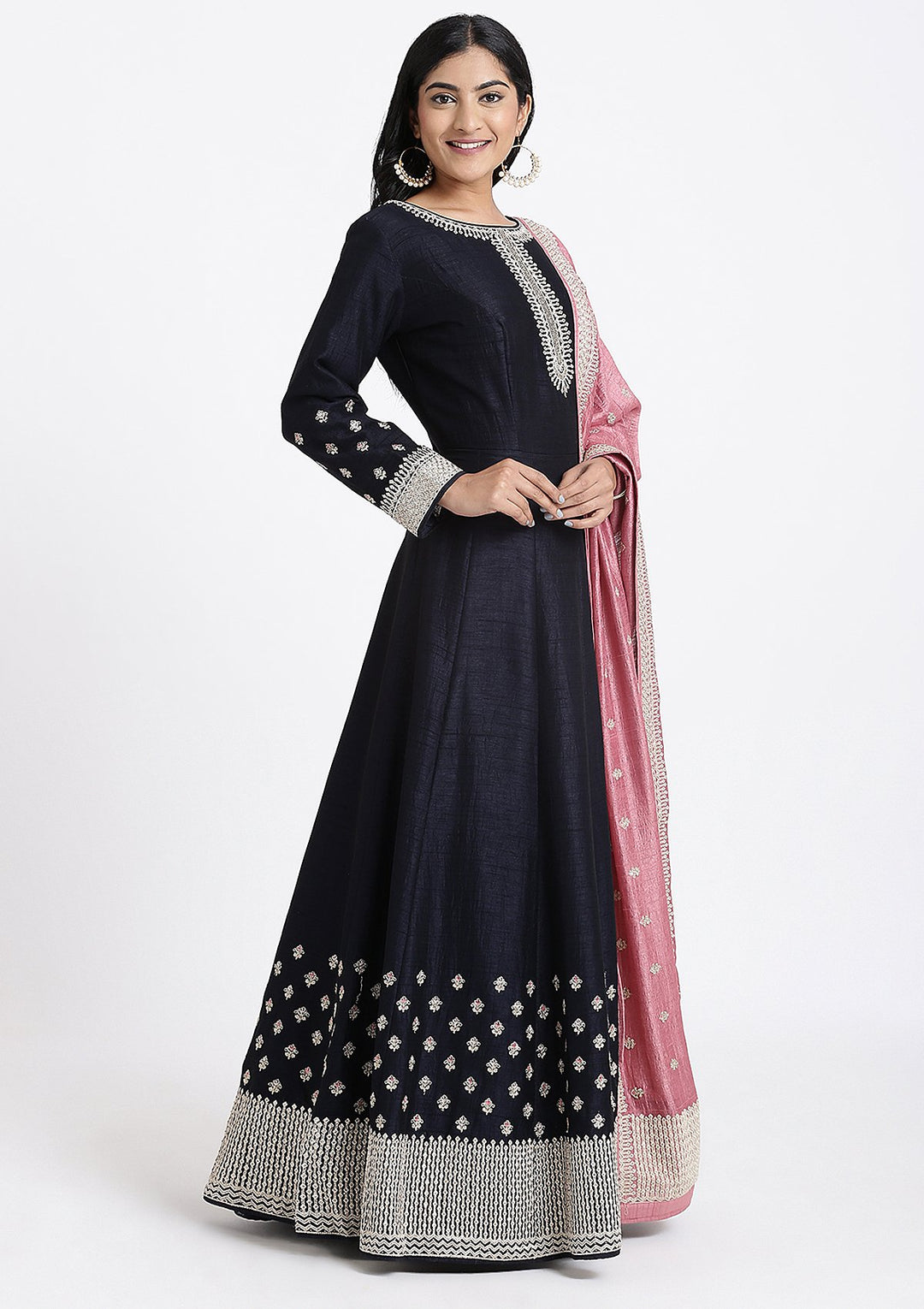 Navy Blue Zari Work Rawsilk Designer Gown-Koskii