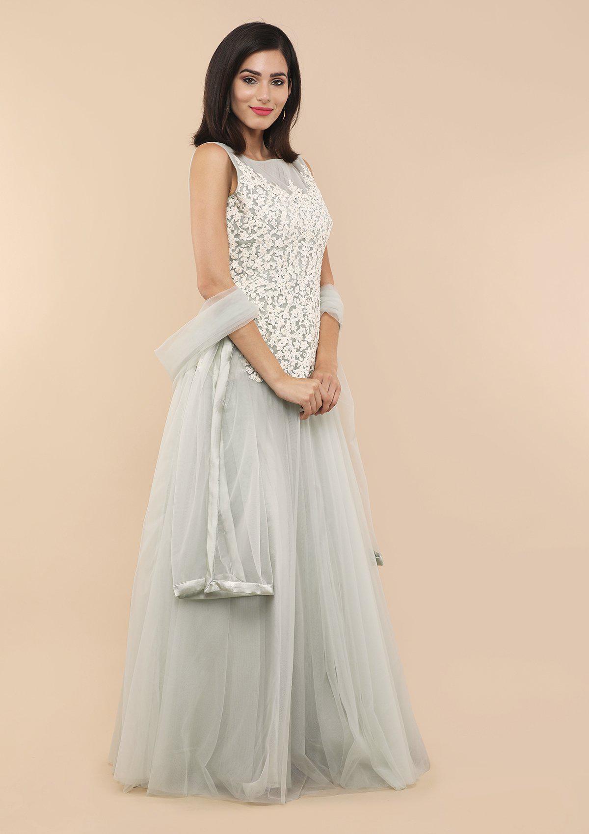 Beige Floral Threadwork Designer Gown-Koskii