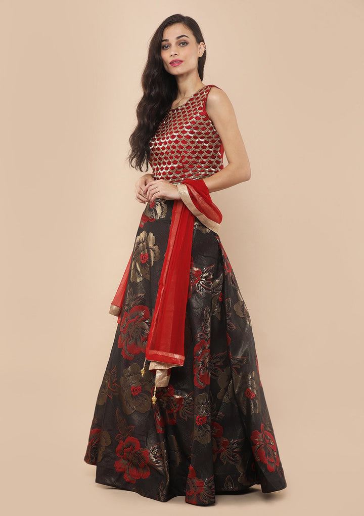 Cherry Red Cutdana Brocade Designer Lehenga-Koskii