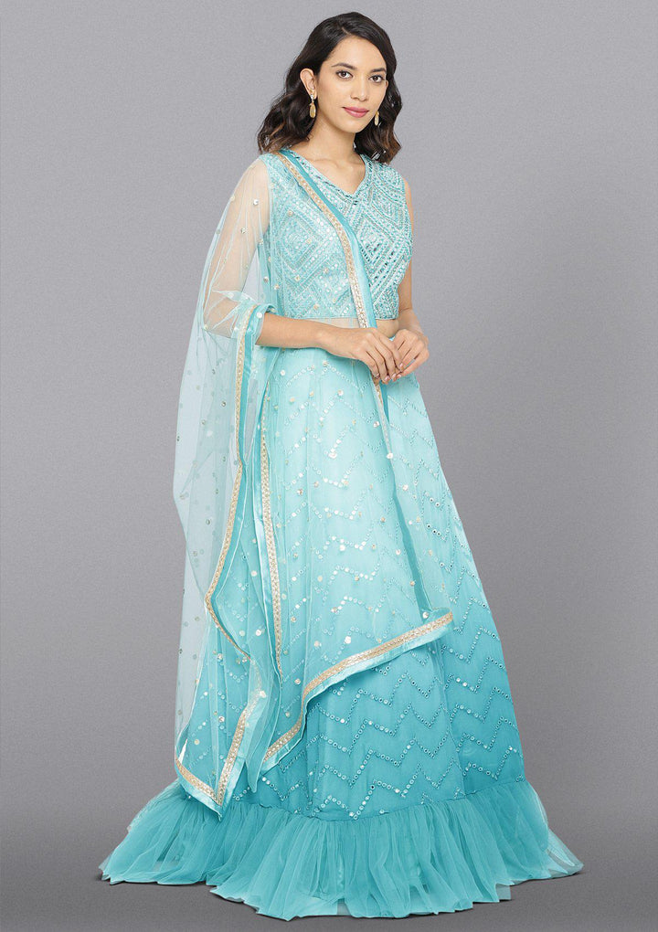 Sea Green Mirrorwork Net Designer Lehenga-Koskii