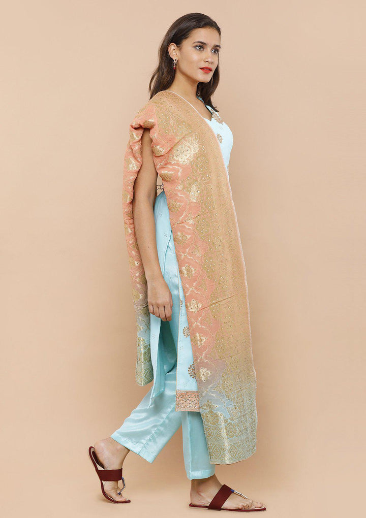 Peach and Blue Silk Designer Salwar Suit-Koskii