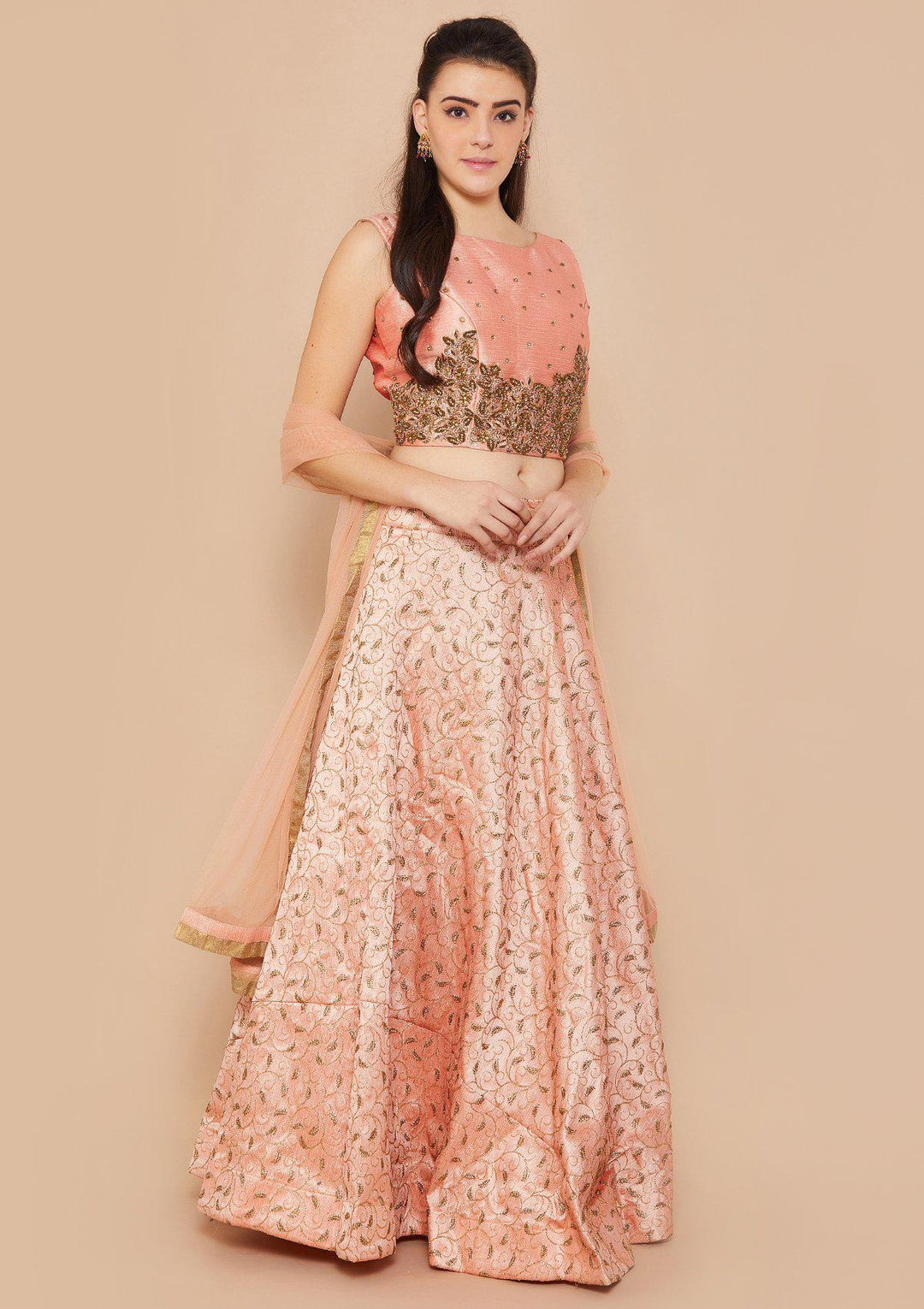 Peach Stonework Raw-silk Designer Lehenga-Koskii
