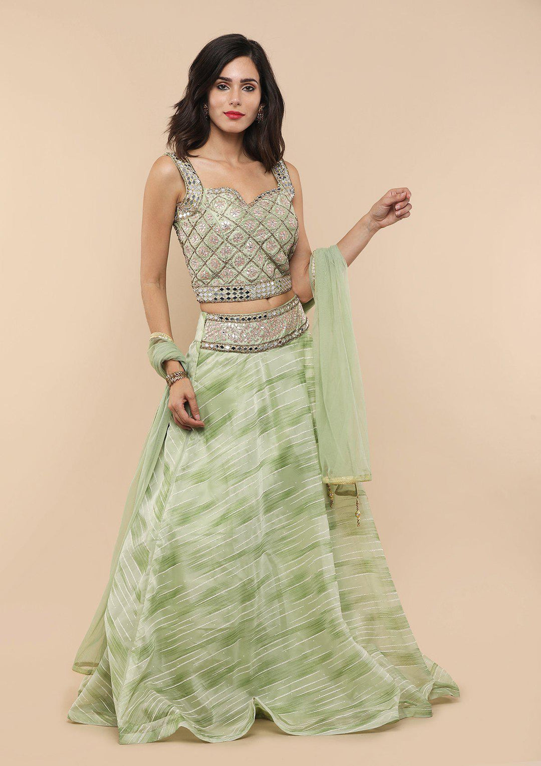 Green Mirror-Work Tissue Designer Lehenga-Koskii