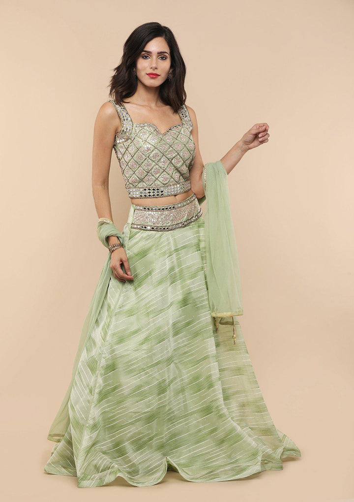 Green Mirror-Work Tissue Designer Lehenga-Koskii