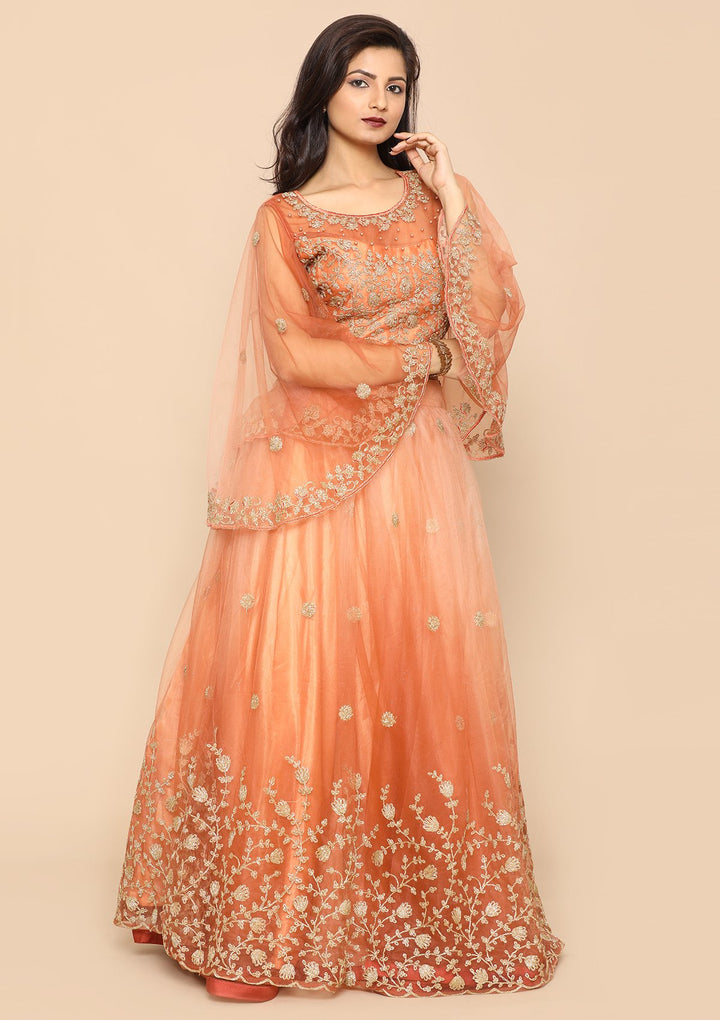 Peach Thread Work Net Designer Lehenga-Koskii