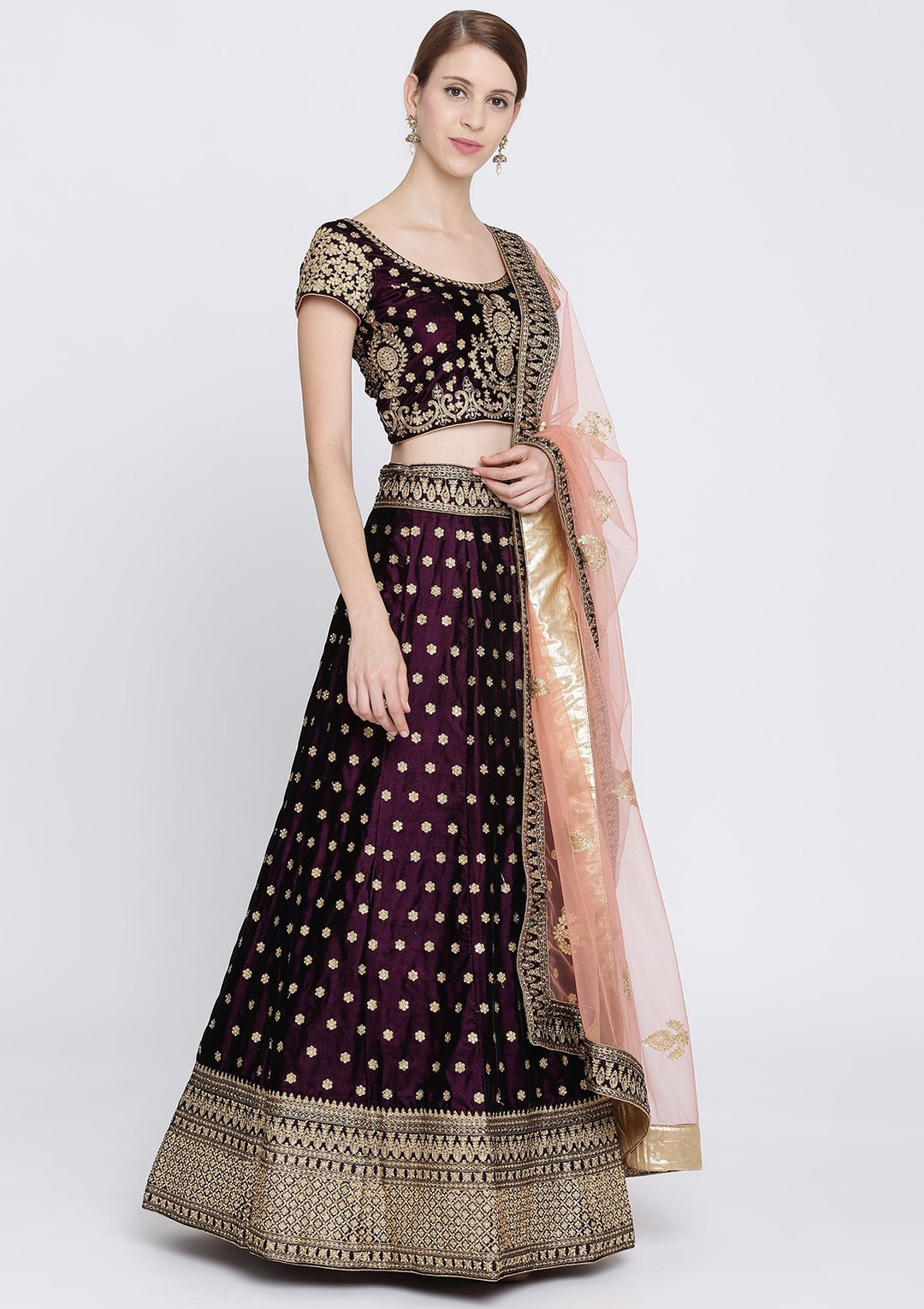 Wine Zariwork Velvet Designer Lehenga-Koskii