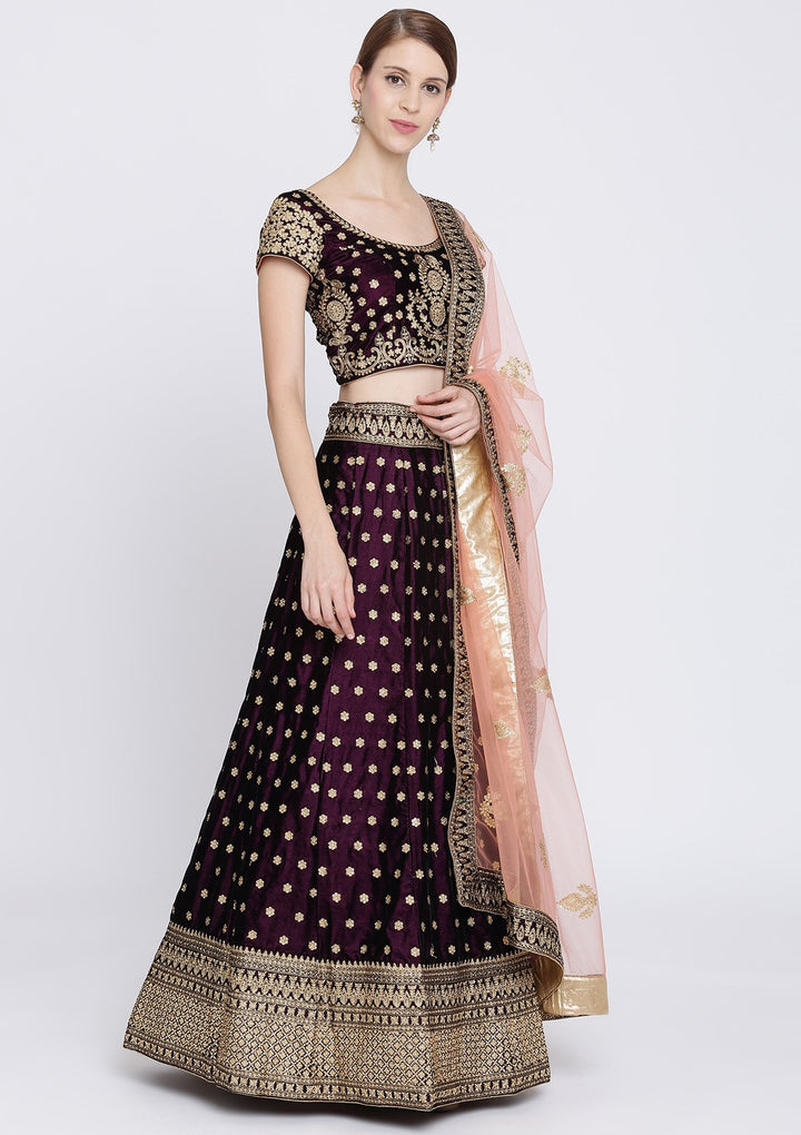 Wine Zariwork Velvet Designer Lehenga-Koskii