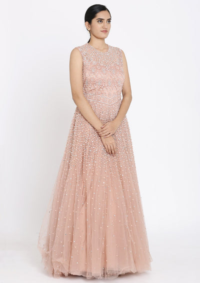 Onion Pink Pearlwork Net Designer Gown - koskii