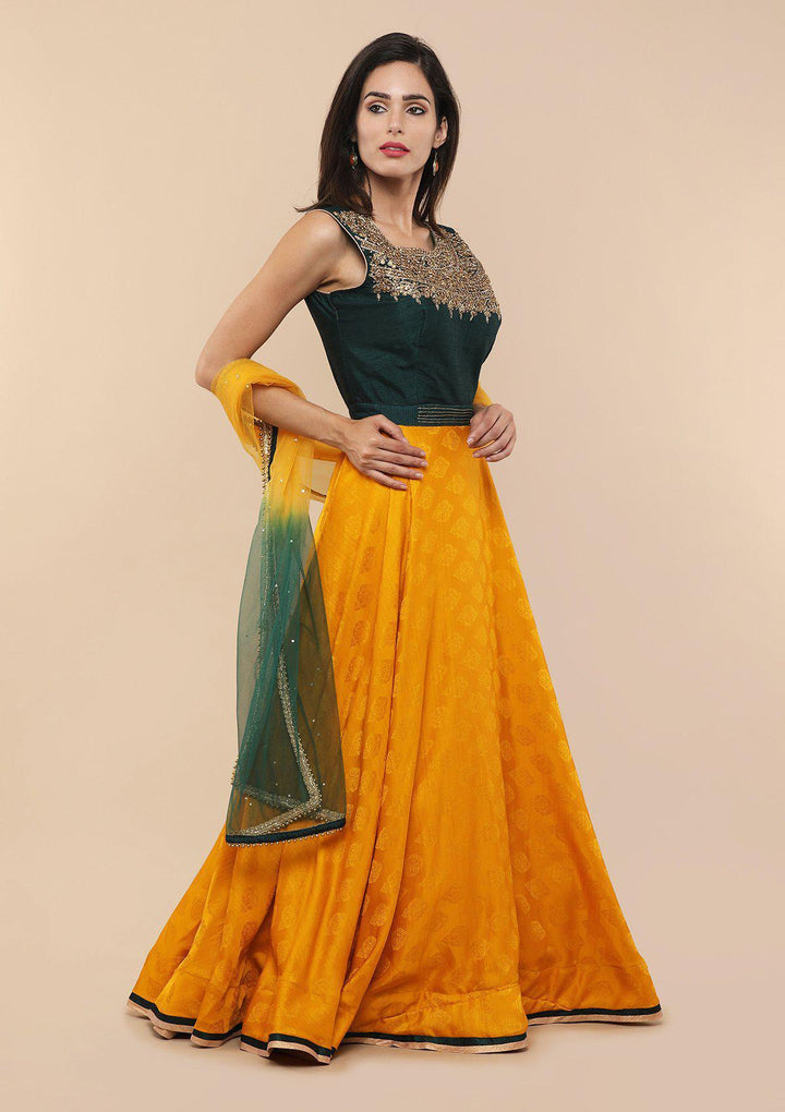 Koskii Green and Yellow Brocade Gown-Koskii