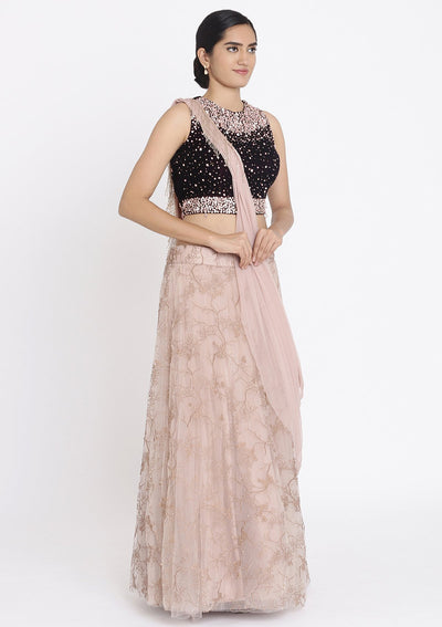 Lavender And Wine Stonework Net Designer Lehenga - koskii