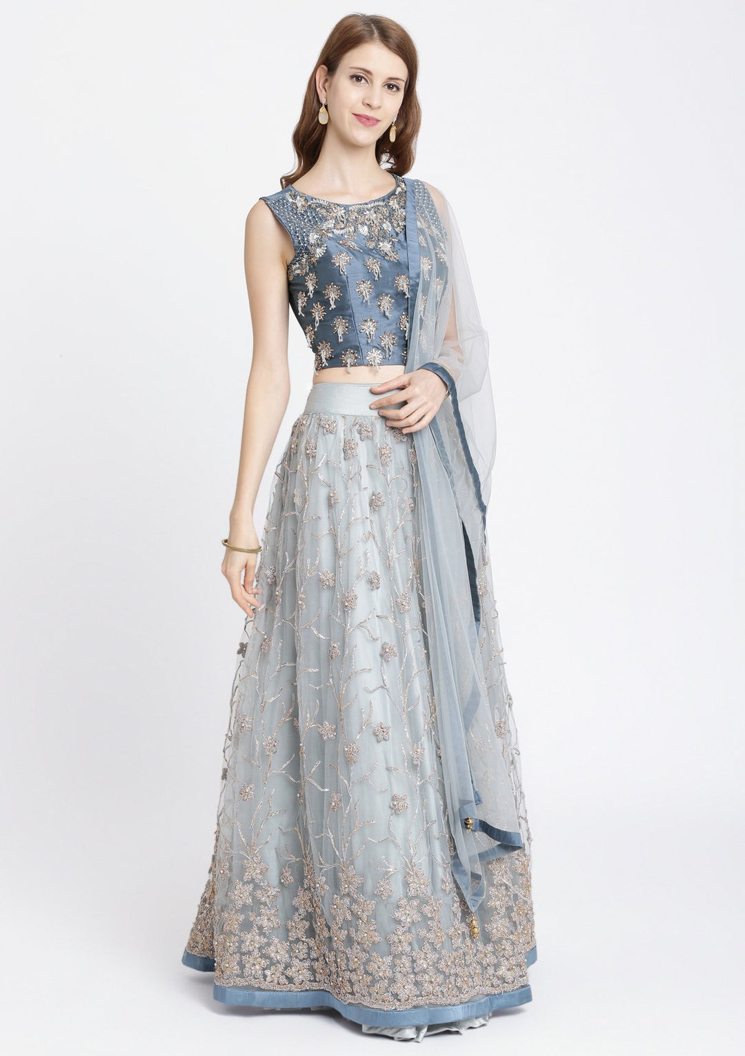 Light Grey Stonework Net Designer Lehenga-Koskii