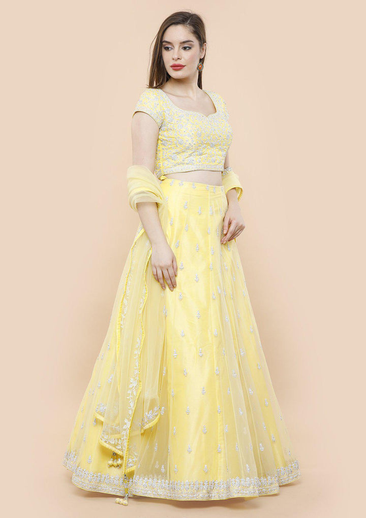 koskii lemon yellow thread work bridal lehenga-Koskii