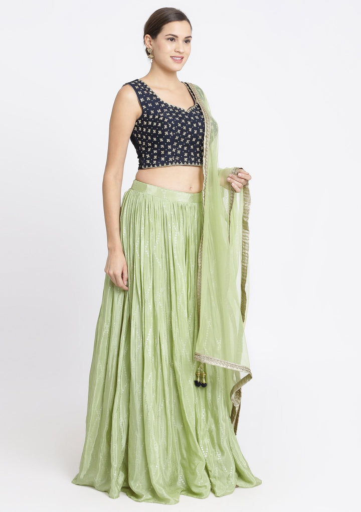Pista Green and Navy Blue Mirrorwork Satin Designer Lehenga-Koskii