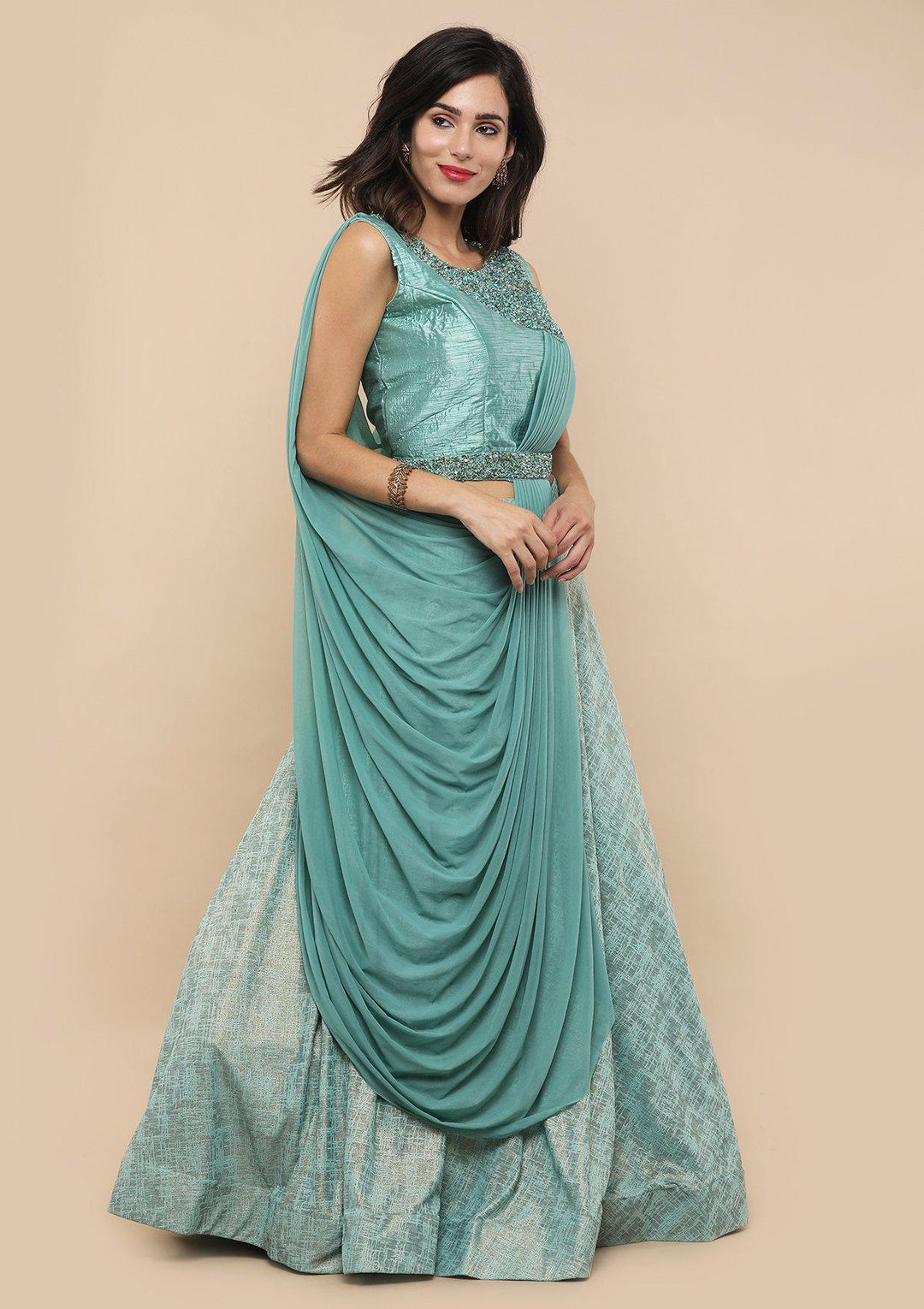 Sea Green Raw Silk Drape Designer Lehenga-Koskii