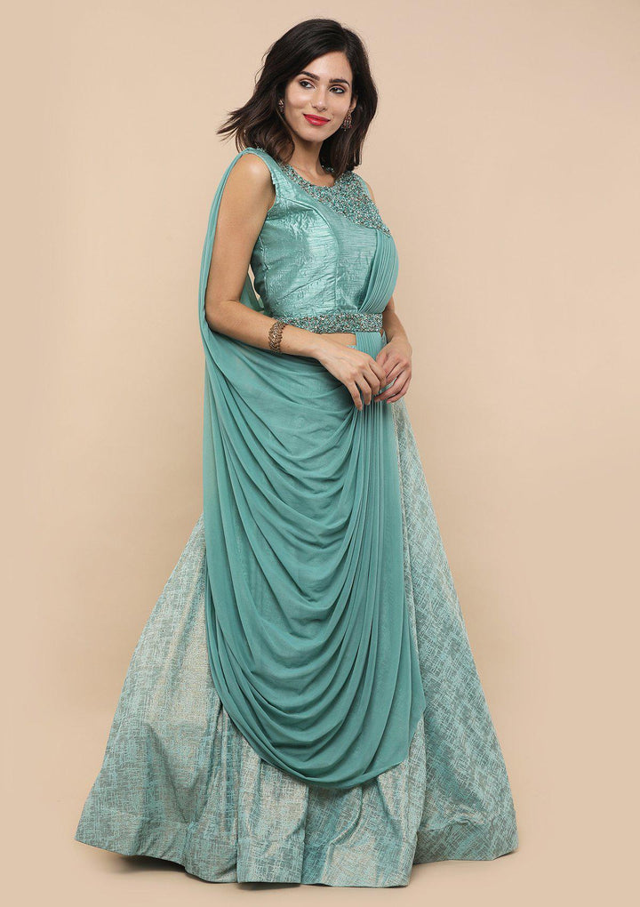 Sea Green Raw Silk Drape Designer Lehenga-Koskii