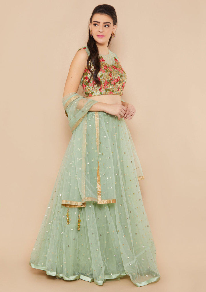 Mint Green Zariwork Net Designer Lehenga-Koskii