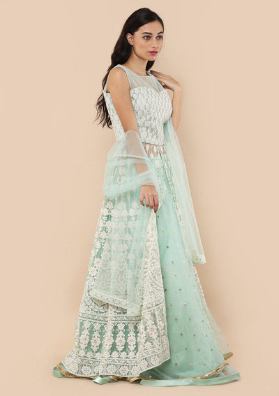 Pista Green Indo-Western Embroidered Designer Dress-Koskii