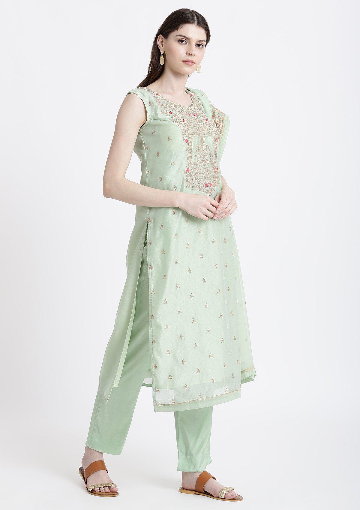 Pista Green Zariwork Chanderi Designer Salwar Suit-Koskii