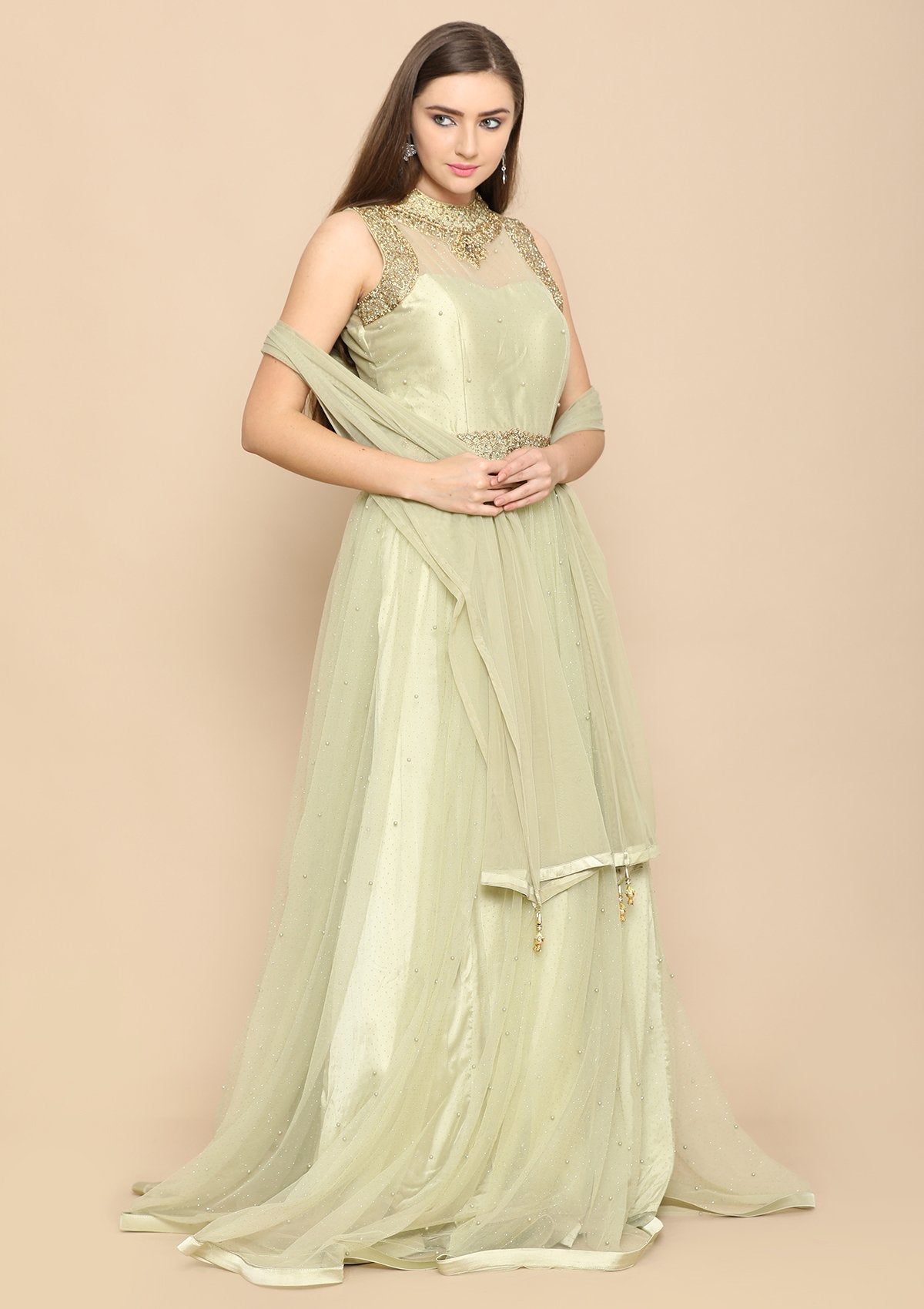 Pista Green Pearl Work Satin Designer Gown-Koskii