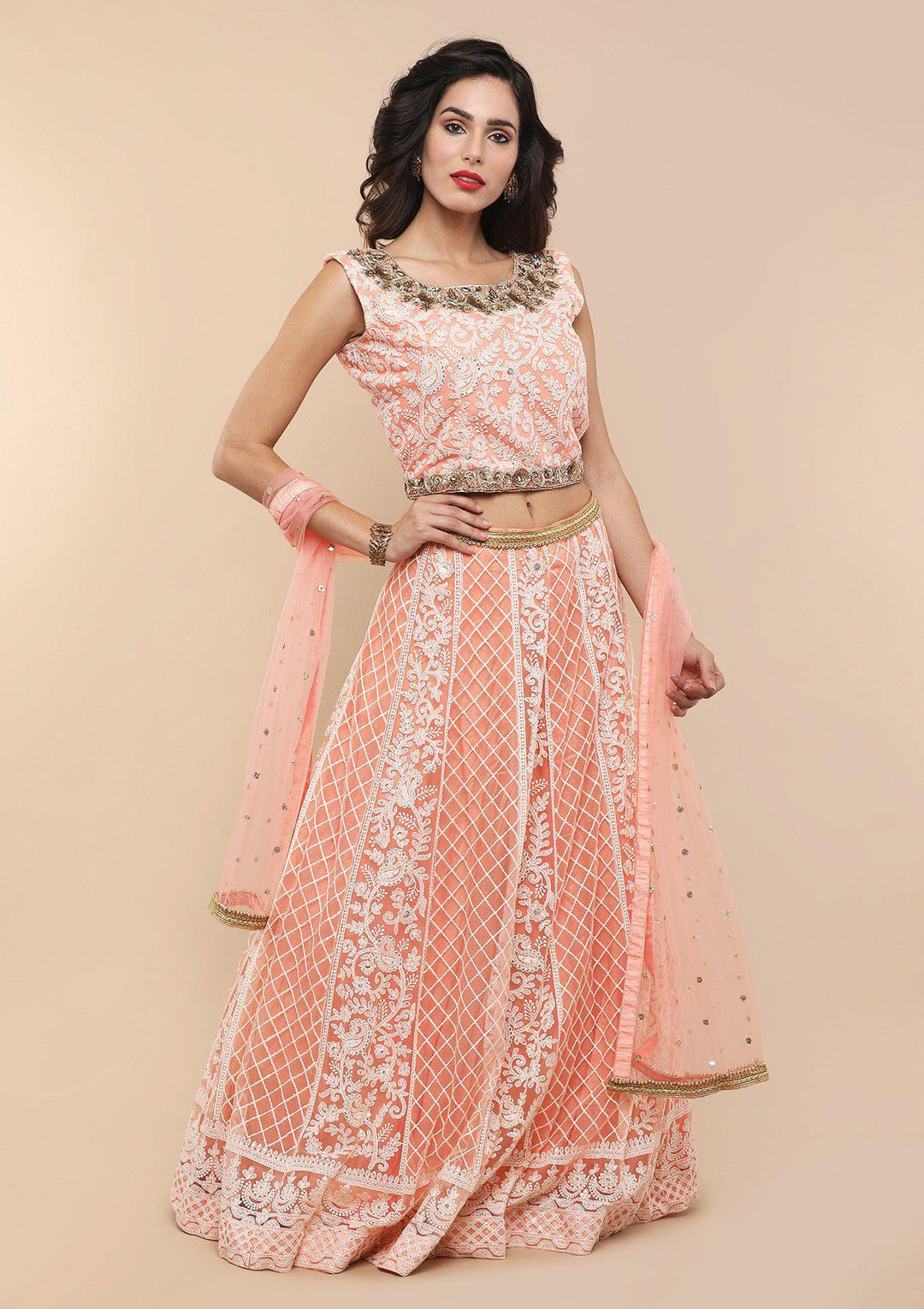 Peach Thread Work Net Designer Lehenga-Koskii