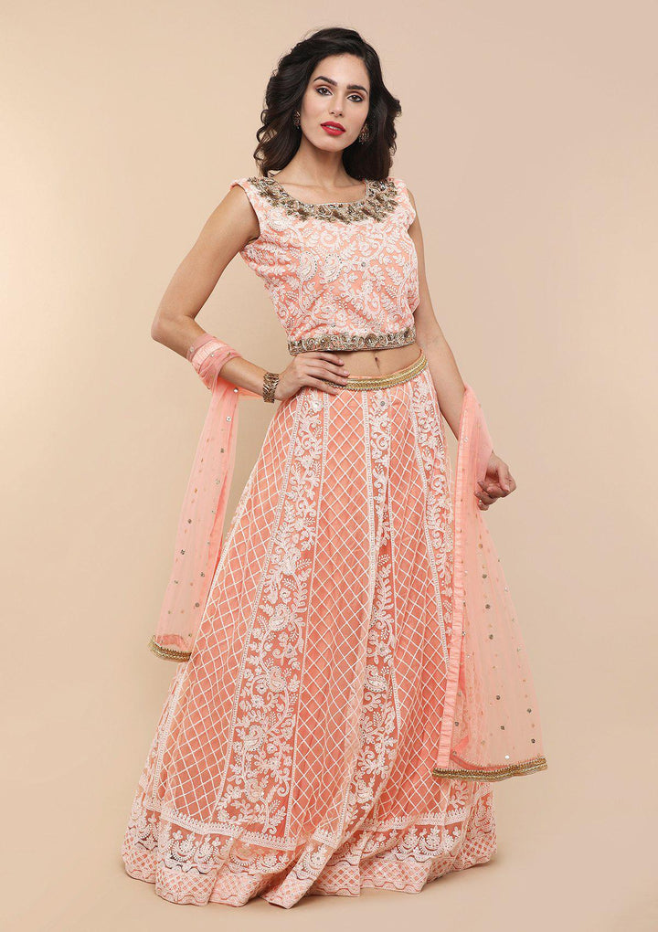 Peach Thread Work Net Designer Lehenga-Koskii
