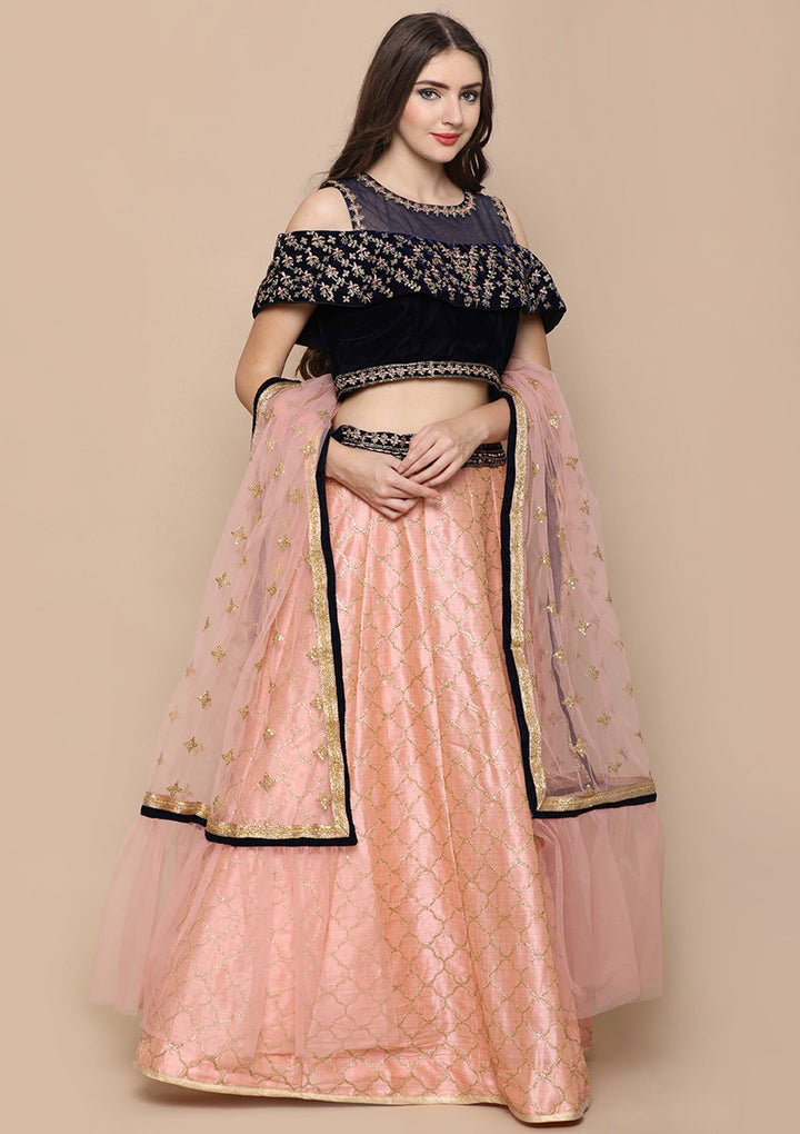 Pink Thread Work Velvet Designer Lehenga-Koskii