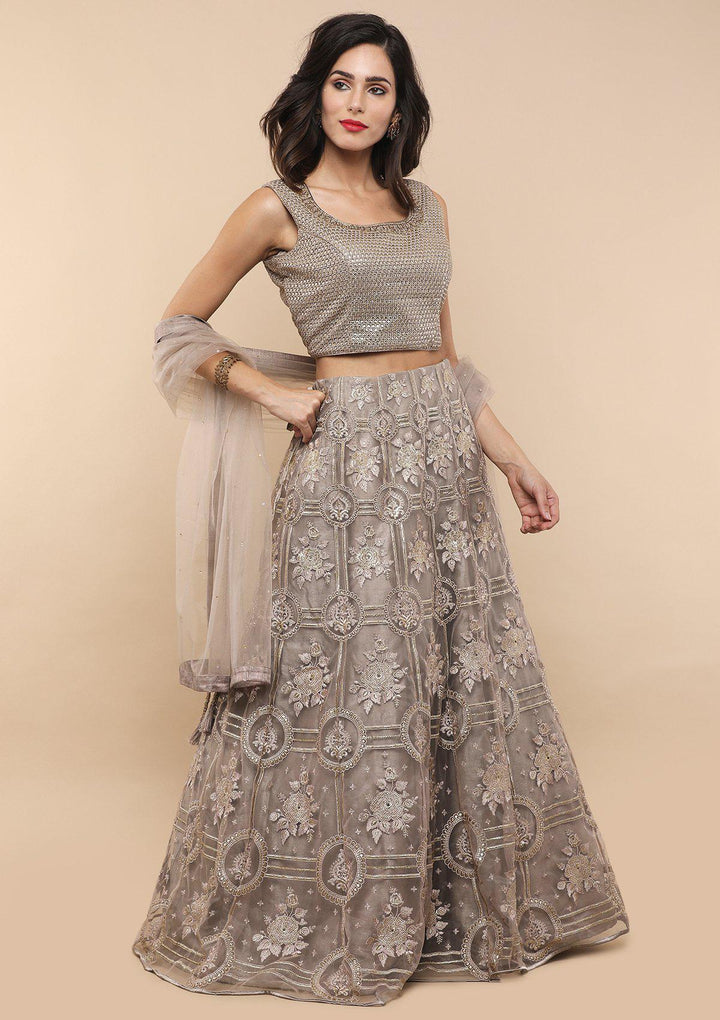 Grey Thread Work Net Designer Lehenga-Koskii