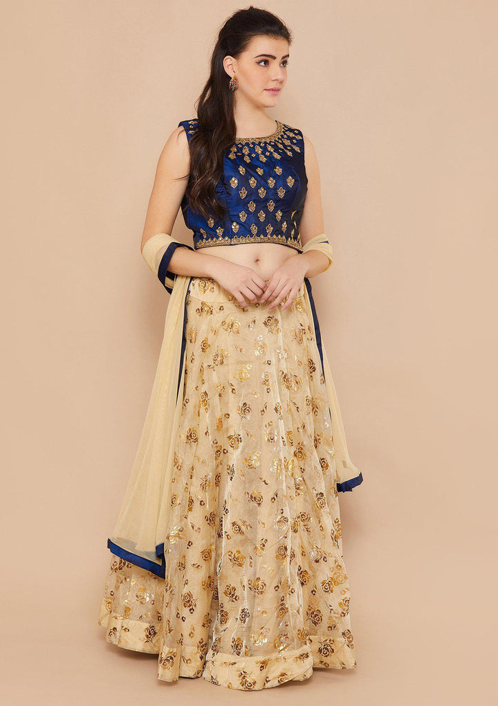 Gold and Blue Mirror-work Designer Lehenga-Koskii