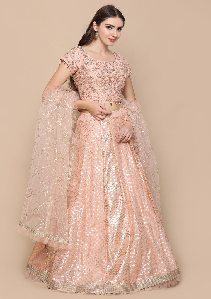 Peach Pink Cutdana Work Brocade Designer Lehenga-Koskii
