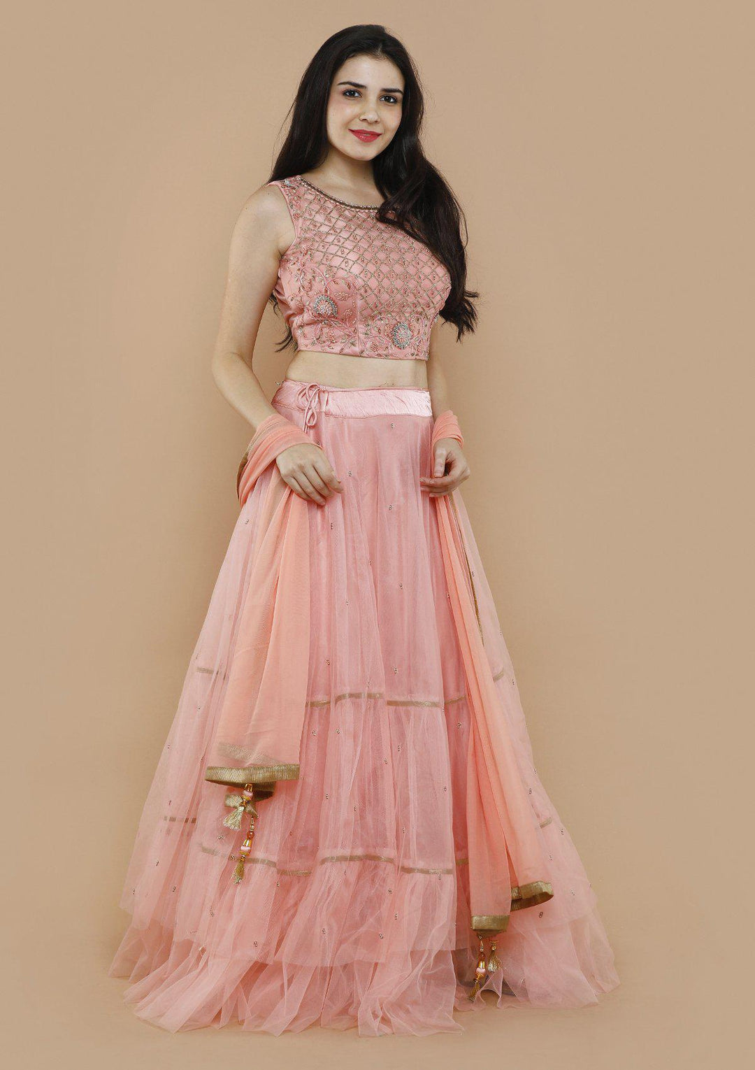 Pink Chequered Pearl Net Designer Lehenga-Koskii