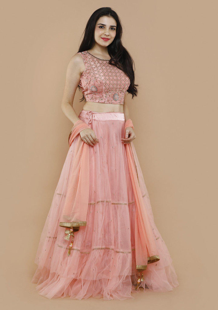 Pink Chequered Pearl Net Designer Lehenga-Koskii