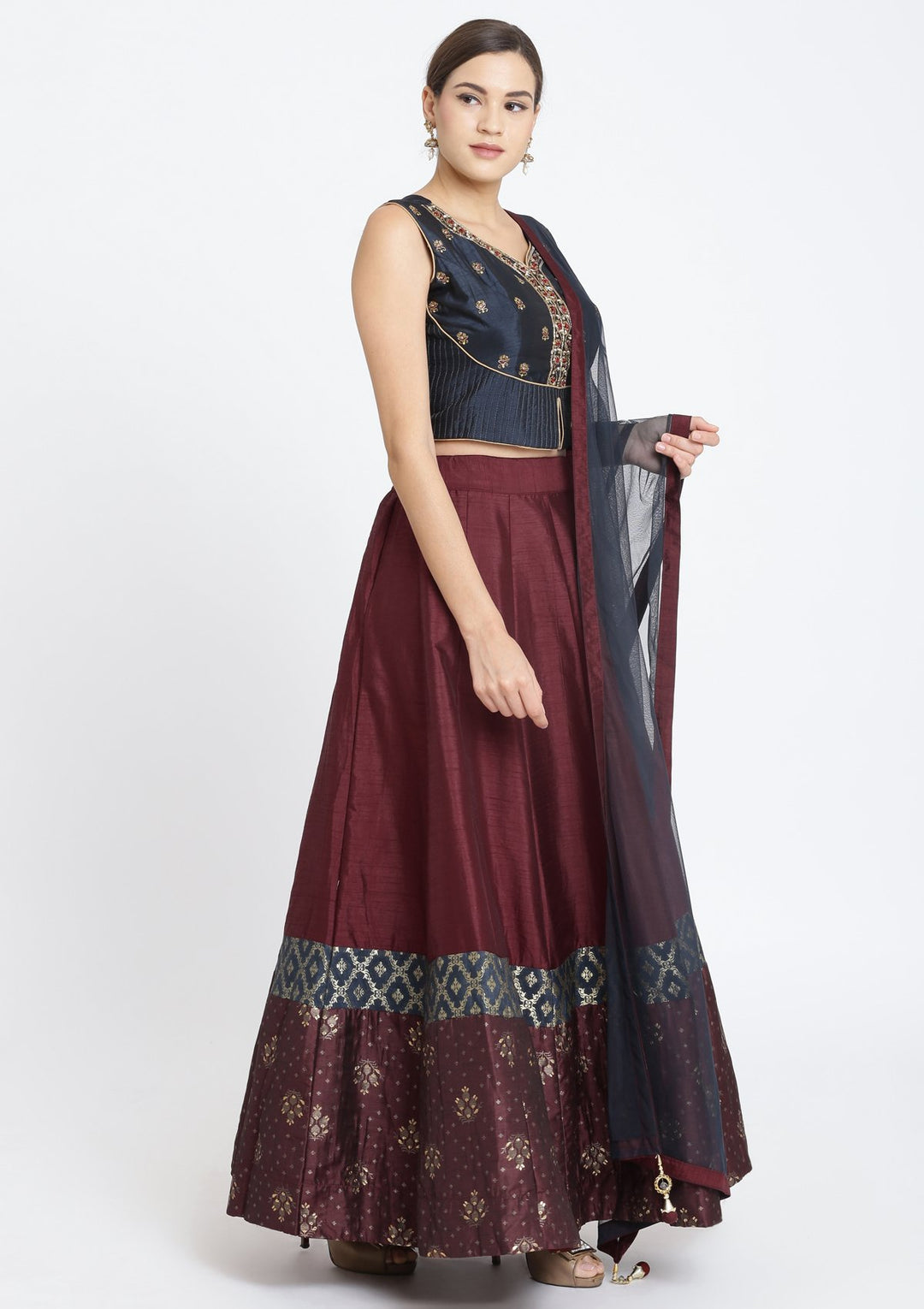 Maroon and Black Cutdana Rawsilk Designer Lehenga-Koskii