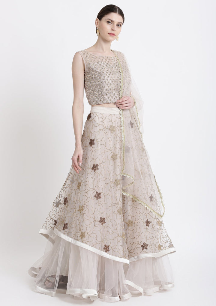 Light Grey Pearlwork Net Designer Lehenga-Koskii