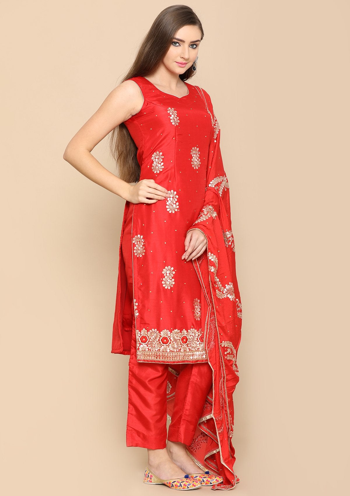 Red Gota Patti Raw Silk Designer Salwar Suit-Koskii