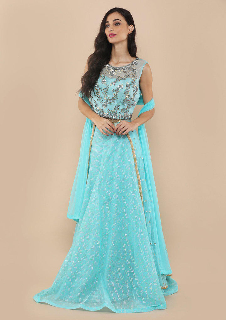 Sky Blue Bead Work Silk Designer Lehenga-Koskii
