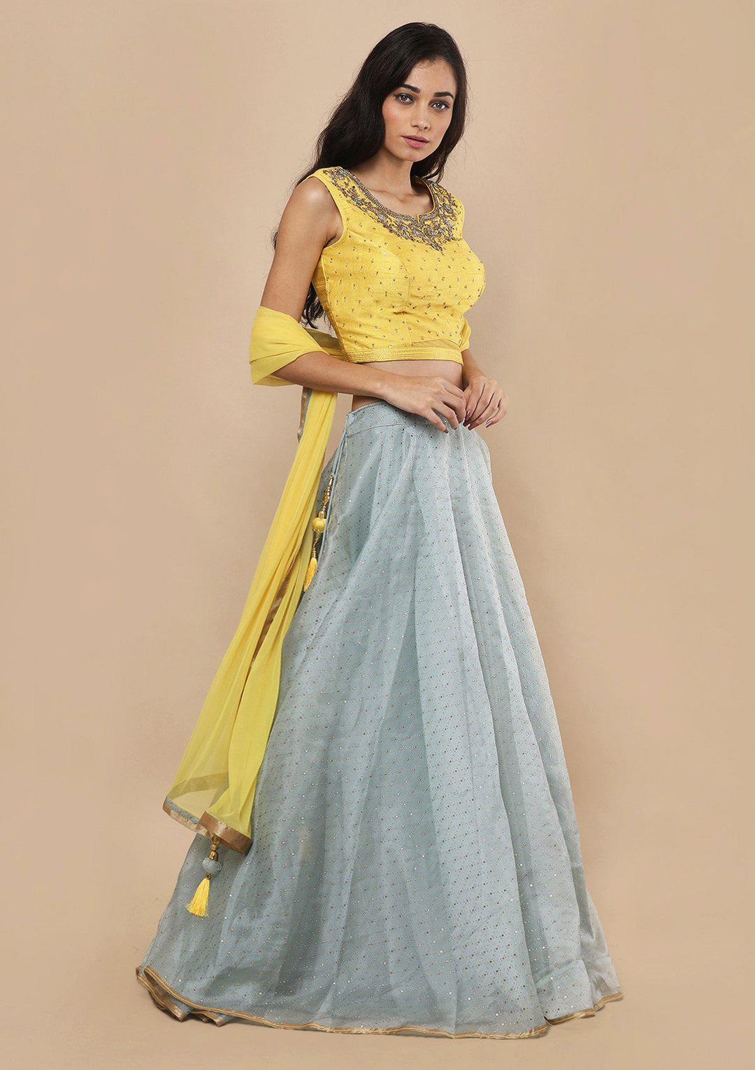 Teal Green Zari Work Silk Designer Lehenga-Koskii