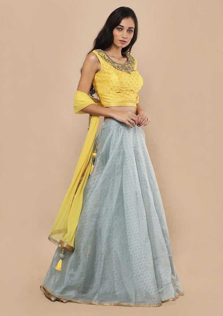 Teal Green Zari Work Silk Designer Lehenga-Koskii