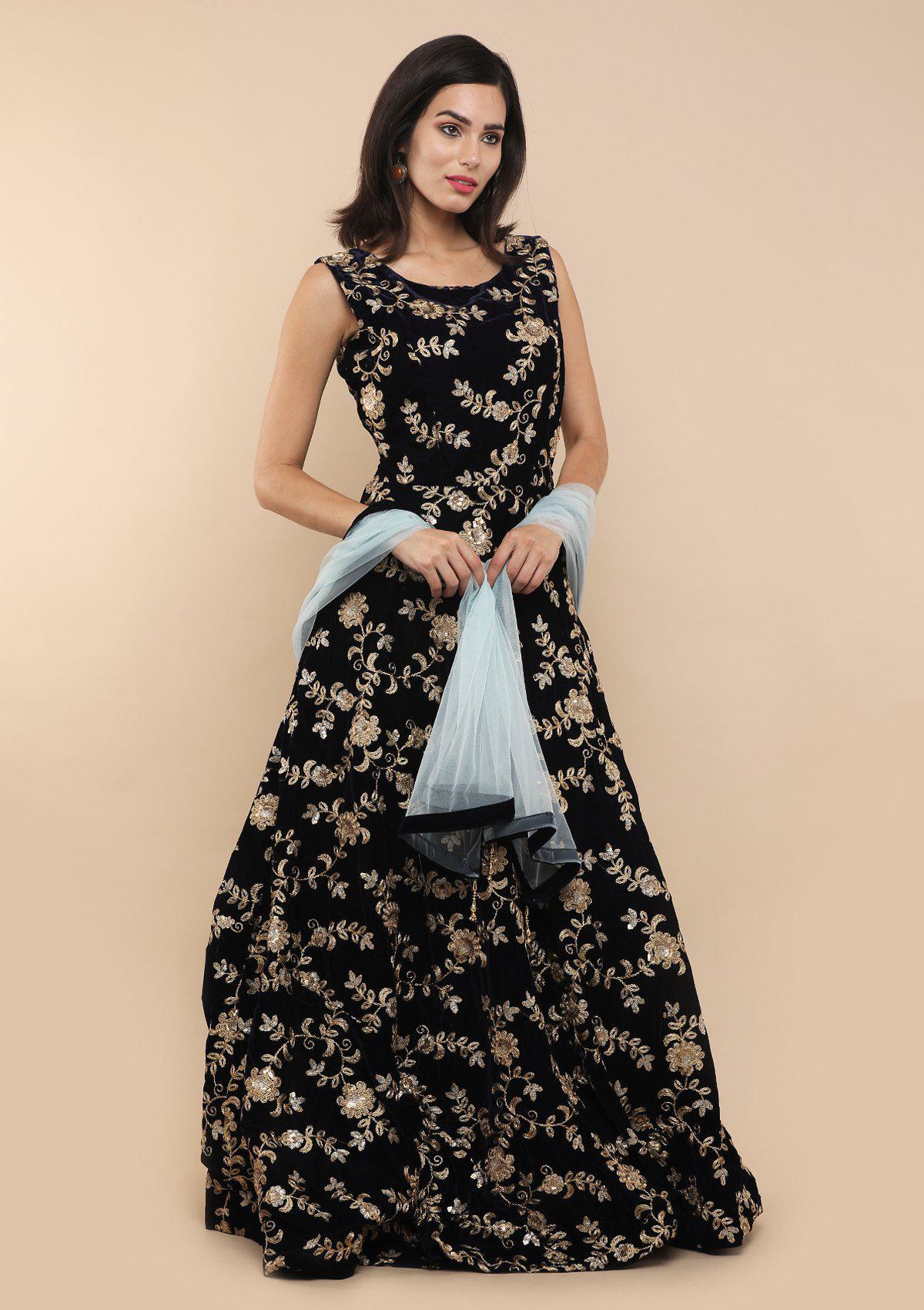 Blue Floral Zari Work Designer Gown-Koskii