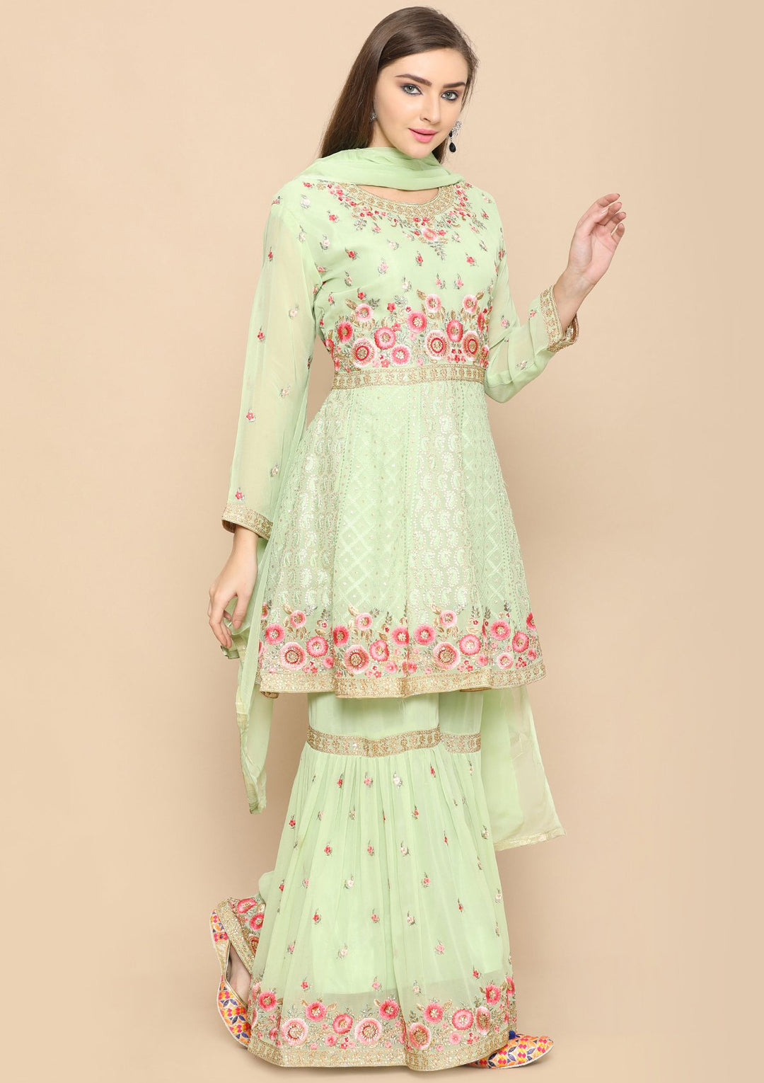 Light Green Thread Work Net Designer Sharara-Koskii