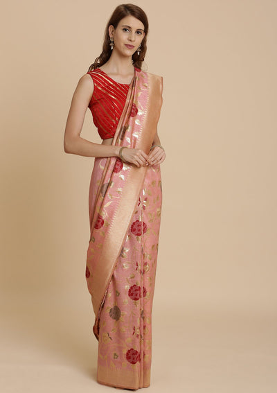 Baby Pink Zariwork Raw Silk Designer Saree-Koskii