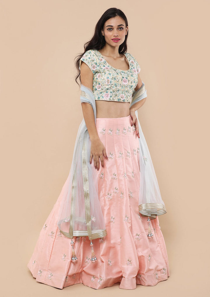 Peach Floral Thread Work Silk Designer Lehenga-Koskii