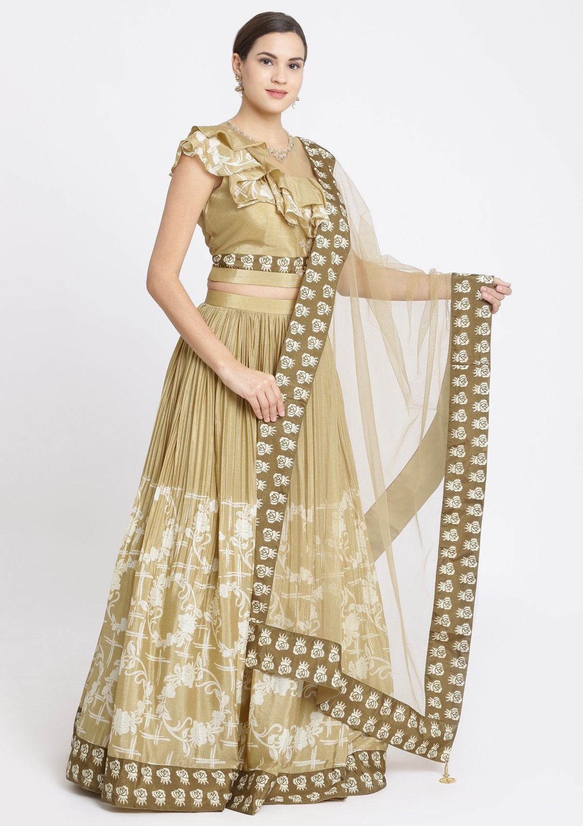 Beige Printed Satin Designer Lehenga-Koskii