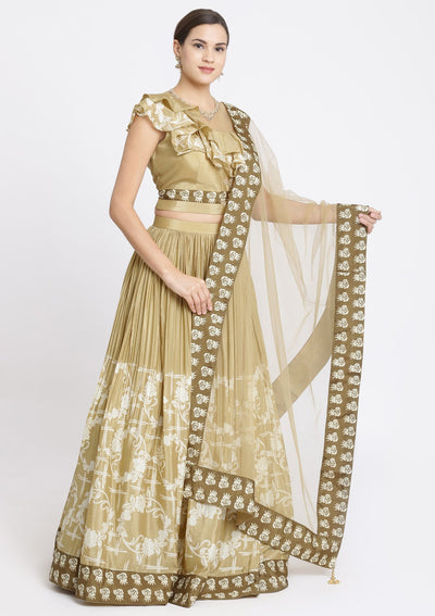 Beige Printed Satin Designer Lehenga-Koskii