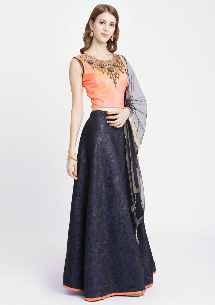 Navy Blue Pearlwork Rawsilk Designer Lehenga-Koskii