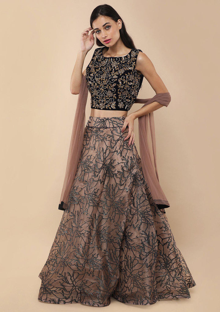 Beige Zardozi Work Velvet Designer Lehenga-Koskii