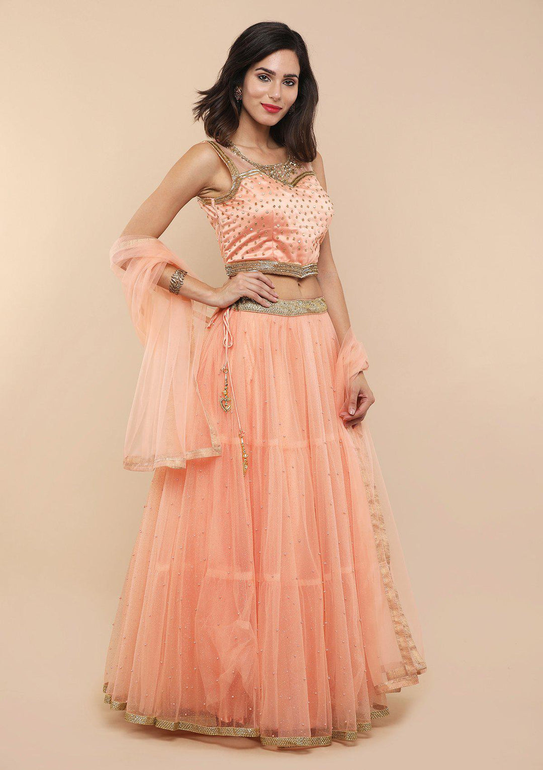 Peach Pearlwork Net Designer Lehenga-Koskii