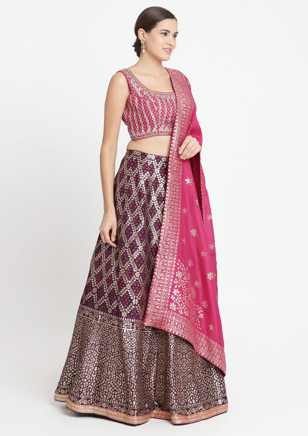 Wine and Fuschia Gotapatti Brocade Designer Lehenga-Koskii