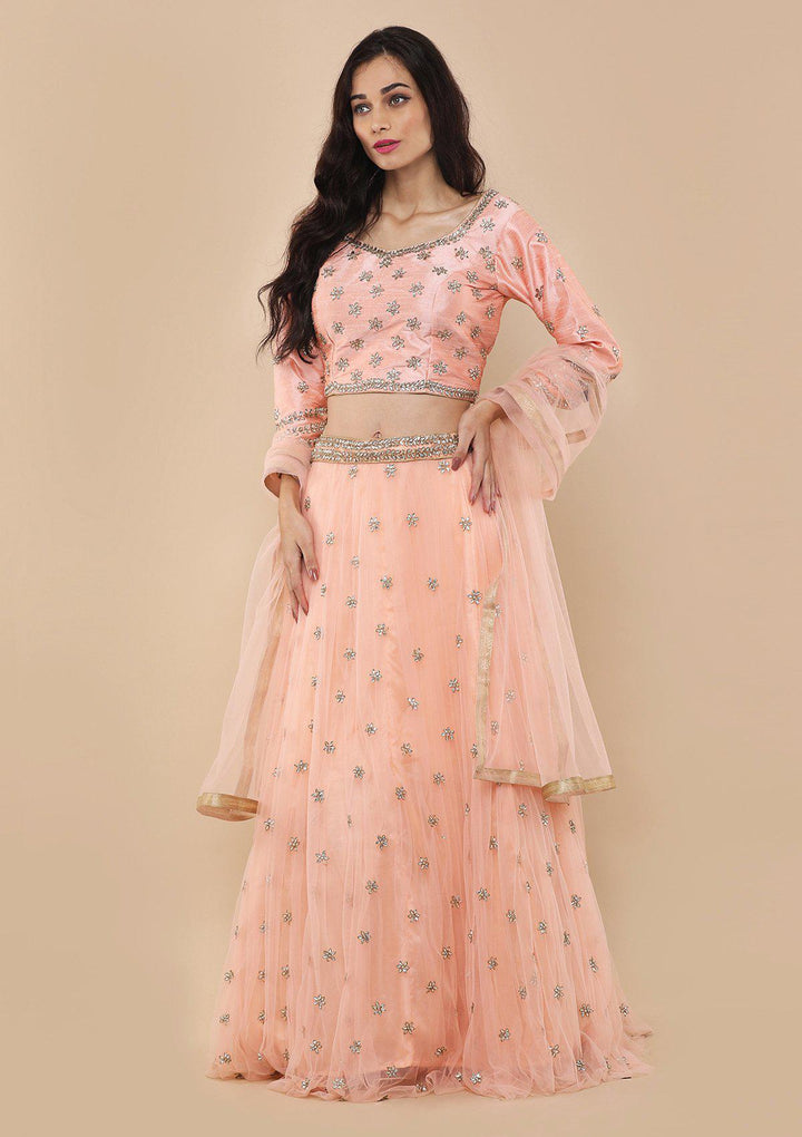 Peach Zardozi Work Silk Designer Lehenga-Koskii