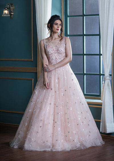 Peach Stone Work Net Designer Gown-Koskii